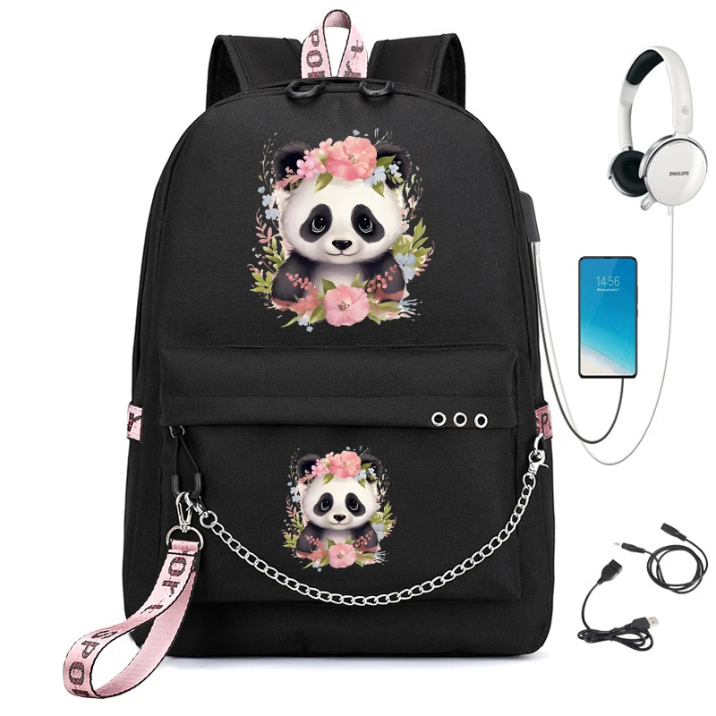 Tas ransel sekolah modis untuk anak perempuan, tas punggung perjalanan motif bunga Panda lucu, tas buku Usb