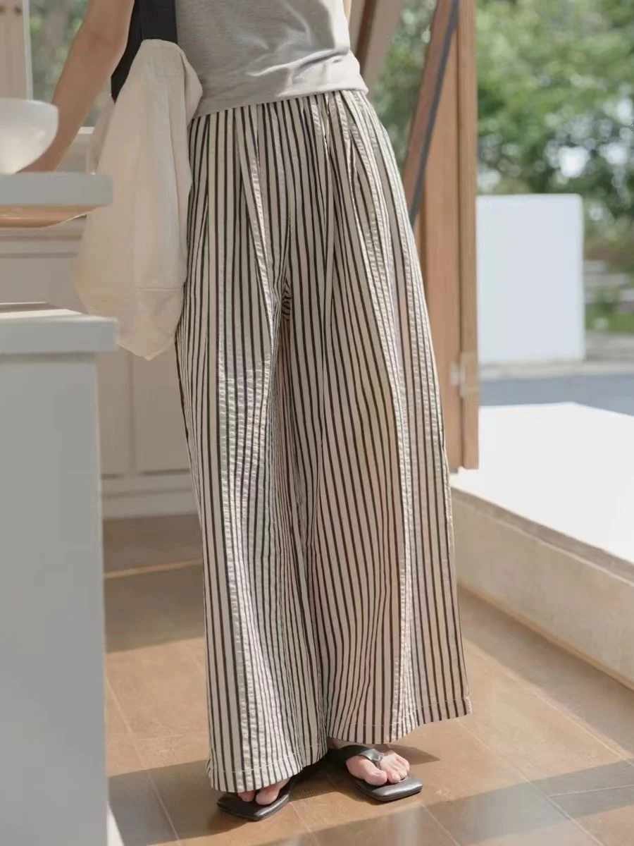 

Летние повседневные широкие брюки с высокой талией, женские свободные брюки в полоску с узором в пол, универсальные повседневные длинные брюки