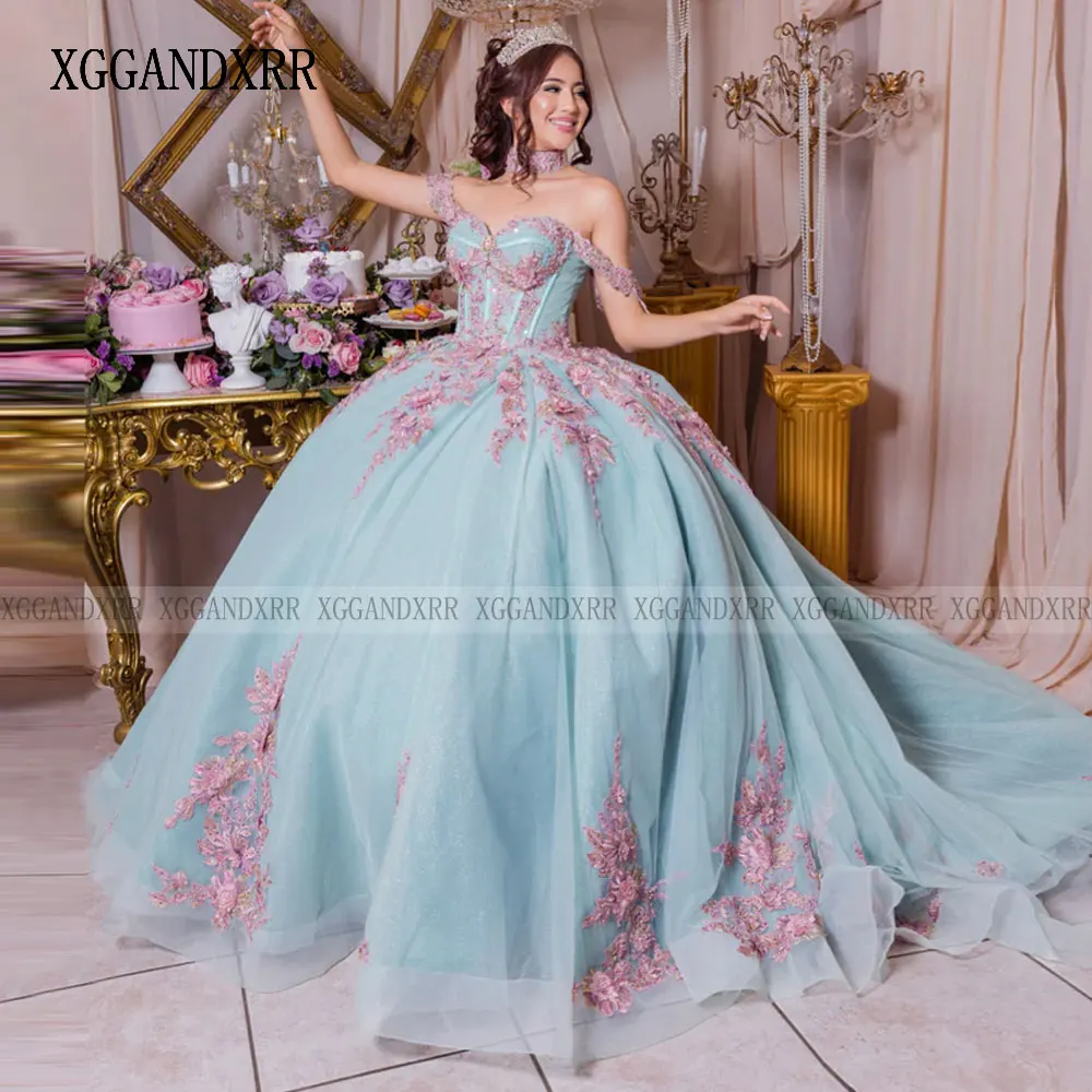 Nuovo vestito Quinceanera Sweetheart Princess Flower Applique Lace Vestidos De 15 aecos Sweet Formal 16th Birthday Party Ball Gown