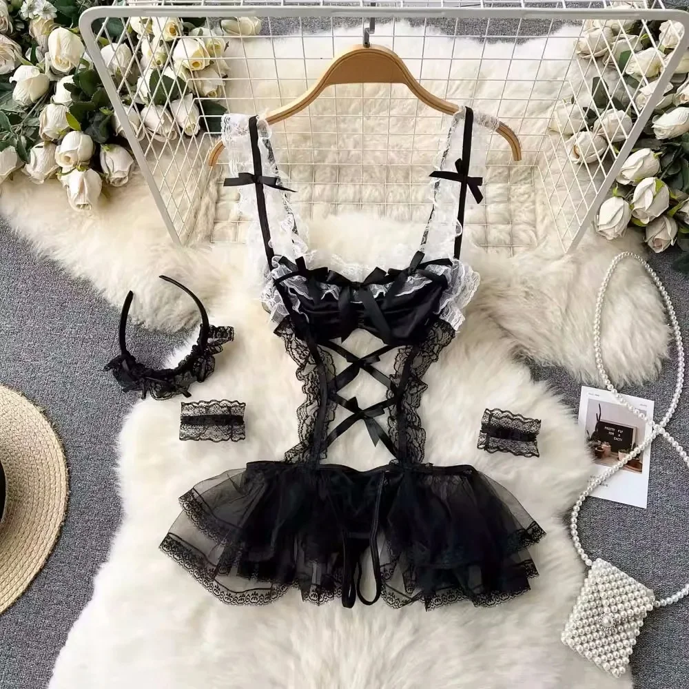 Ruffle Strap Bodysuit Sweet Bow Cross Lace Up Hollow Out Backless Playsuit Double-Layer Sheer Gauze Splice Sexy Lingerie Pajamas