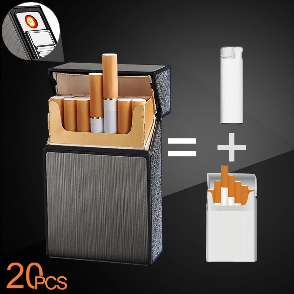 Cigarette Case With USB Rechargeable Lighter Windproof Cigarette Lighter Hold 20pcs Cigarettes Cigar Tobacco Holder Box Men Gift