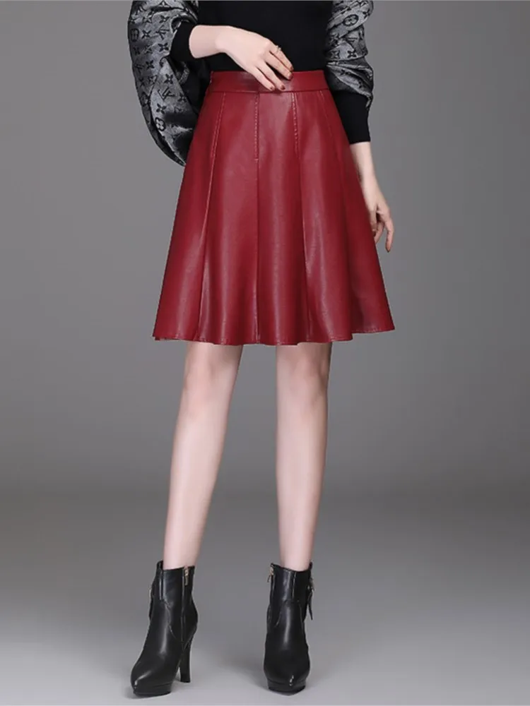 Women Pu Leather Short Skirt  2023 Spring Autumn Lady High Waist All-Match  Skirt Elegant Office Lady A-line Skirt 3Colors