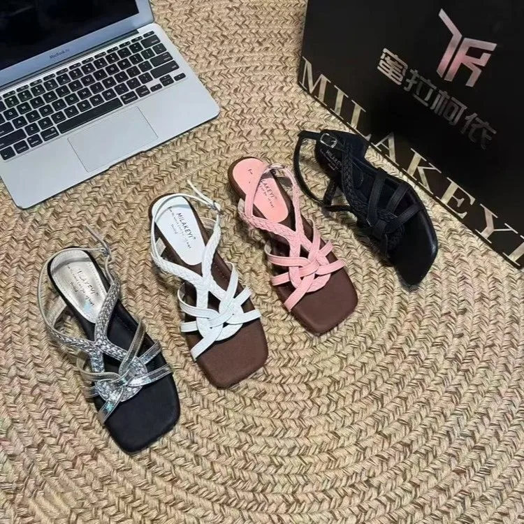 

Square Toe Woven Strap Sandals Women Rhinestone Flat Back Buckle Slip On Shoes Fairy Style Casual Summer Footwear Beach Party