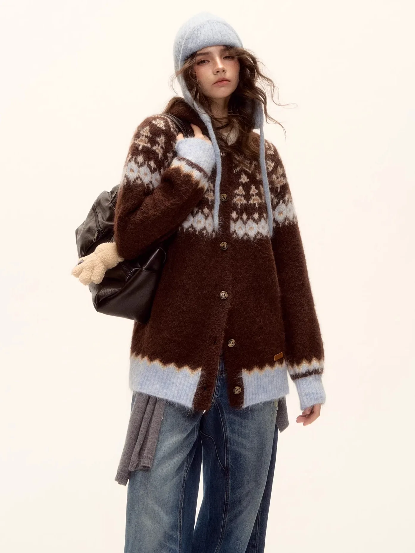 

Винтажный вязаный шерстяной кардиган AsGony с воротником, свободный крой, из полиэстера, нейлона, кашемира и спандекса, для женщин