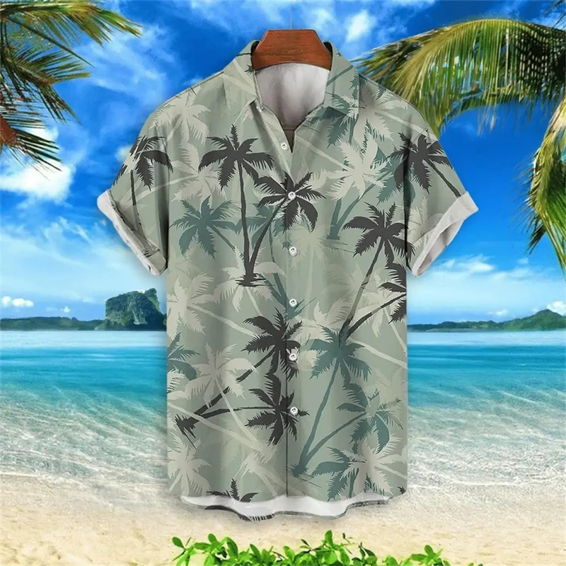 Camisa hawaiana con estampado de árbol de Coco para hombre, blusa informal de manga corta con solapa, 3d, 4XL, verano, 2024