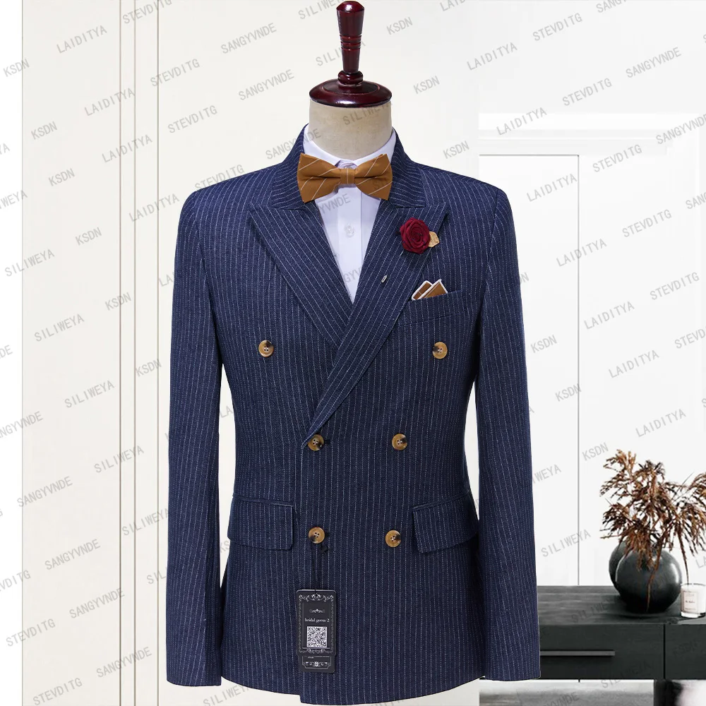 

2023 New Fashion Peak Lapel Blue Denim Stripe Men Wedding Prom Dress Suit Double Breasted Groom Party Tuxedo Jacket Blazer Coat