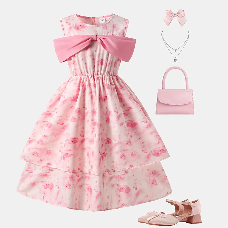 

2025 Summer Bestseller Girls Floral Pink Dress,Sleeveless Fitted Waist Swing Dress for Toddler 8-12Years, Elegant Party Outfit