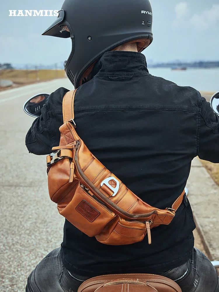 Bolso de pecho de cuero de vaca de primera capa portátil, bolso de mensajero de hombro de ciclismo para hombres, cuero genuino