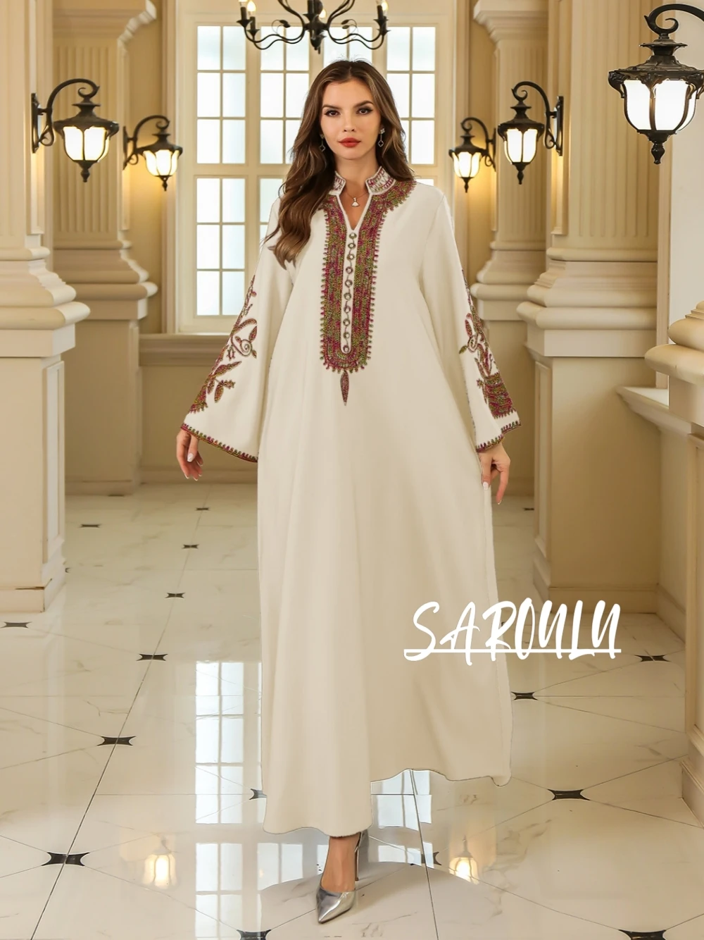 

Abaya A Line Embroidery Evening Dress, Unique Loose Kaftan Long Sleeves Robe, Delicate Celebrity Cocktail Gown, Four Seasons