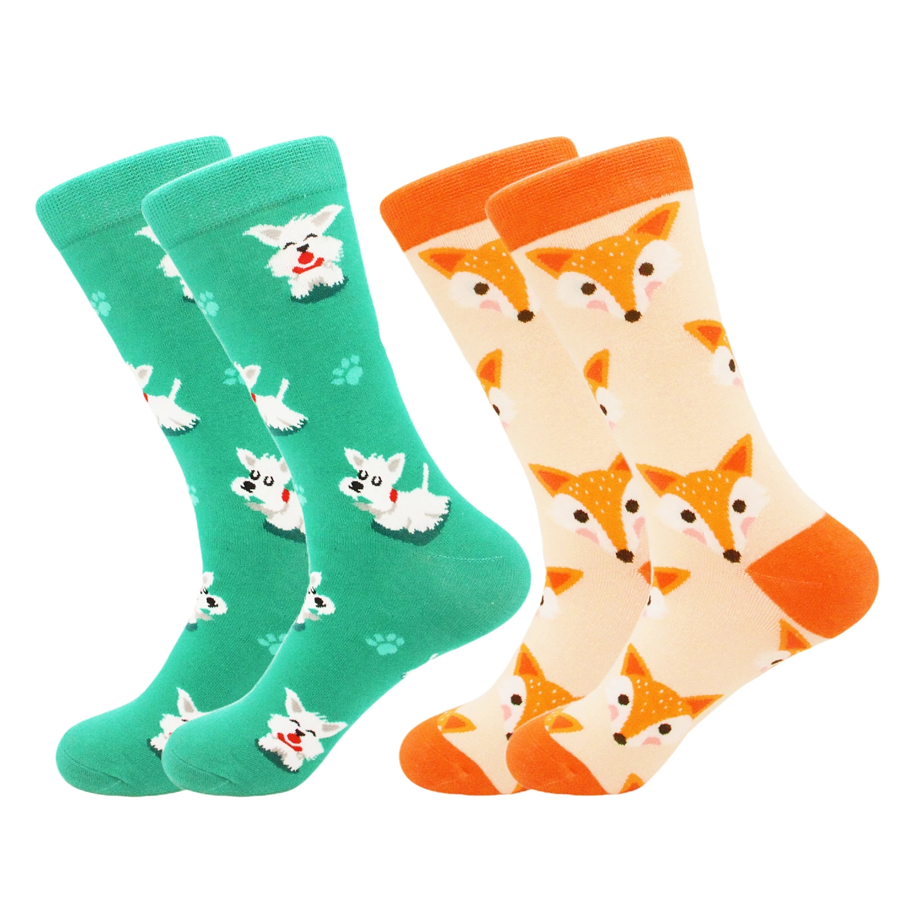 

2 pairs of puppy and fox animal series fashionable and colorful autumn and winter mid-calf socks for women