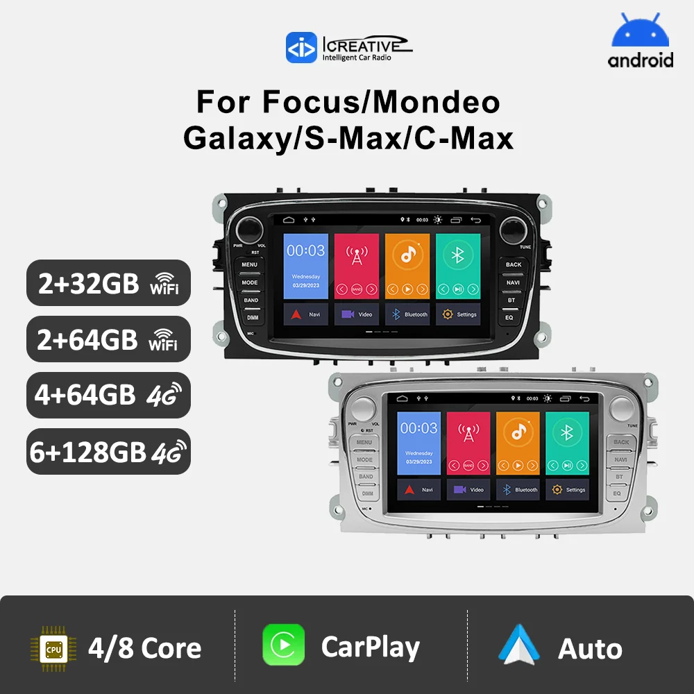 2 Din Android Radio WiFi 4G LTE lettore Video multimediale per auto per Ford Focus Mondeo C-MAX S-MAX Galaxy II Kuga Carplay unità principale