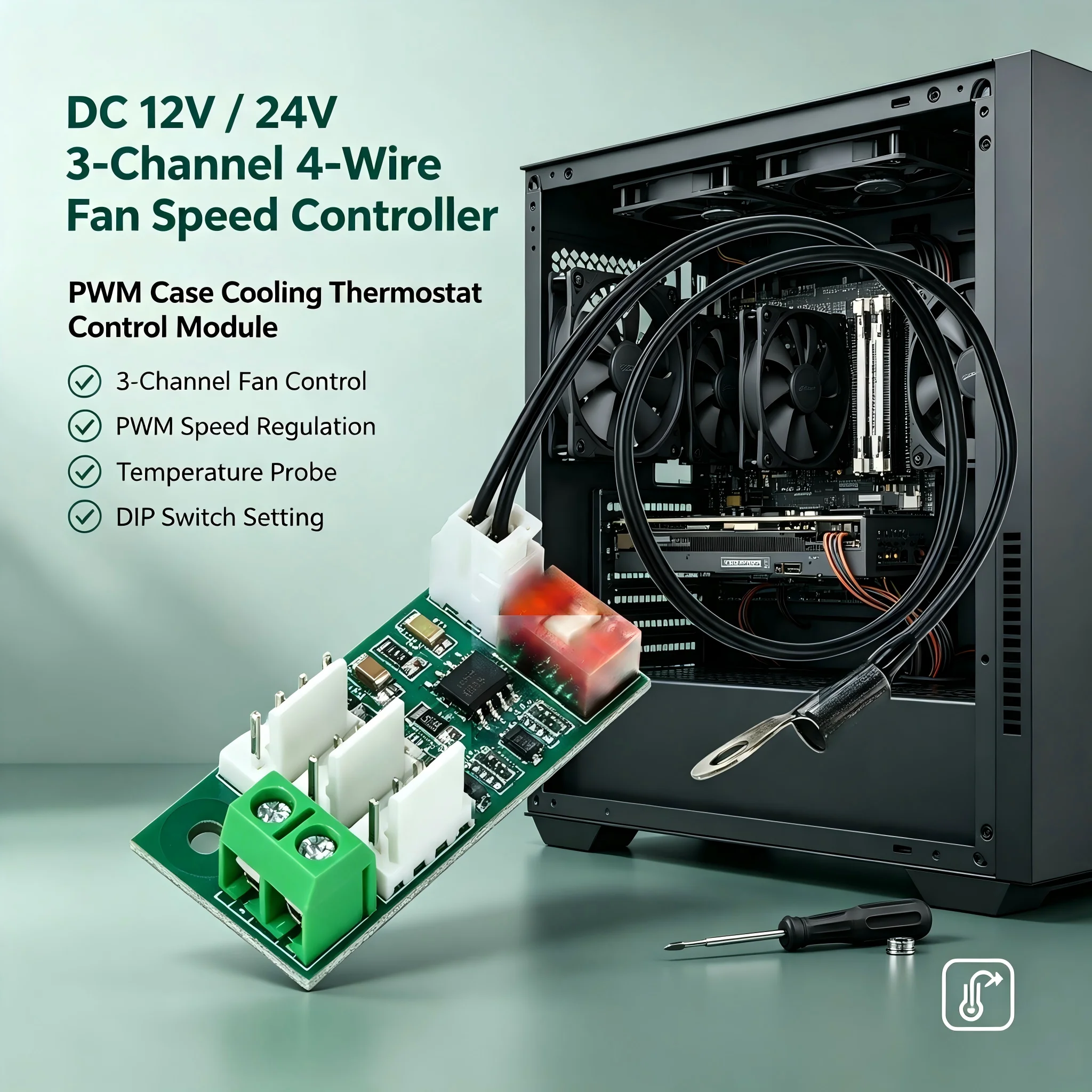 3-Channel 4-wire Fan Speed Controller DC 12V/24V Temperature-Controlled Speed Regulate PWM Chassis Cool DIP Switch Temp Control