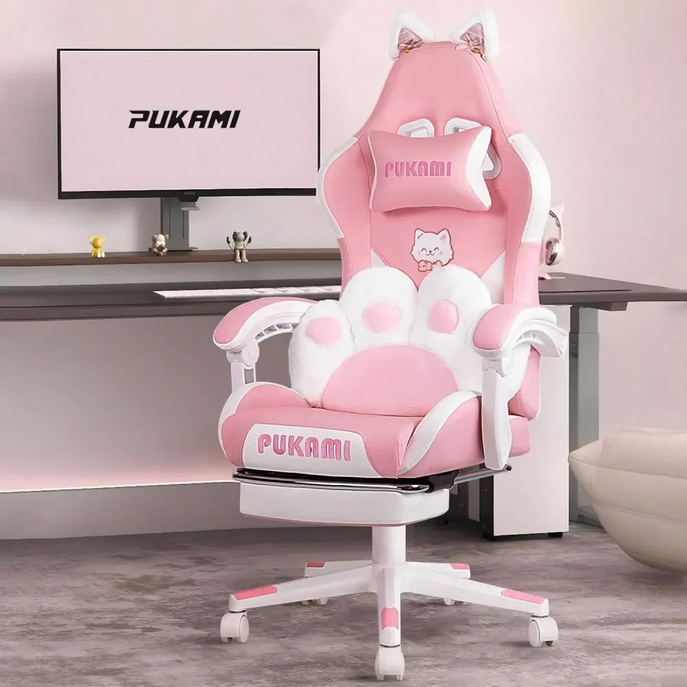 Gaming Chair With Cat Ears Cat Paw Lumbar Support, Ergonomic Reclining PC Chair For Kids, Girls Teens, With Footrest, Headrest A