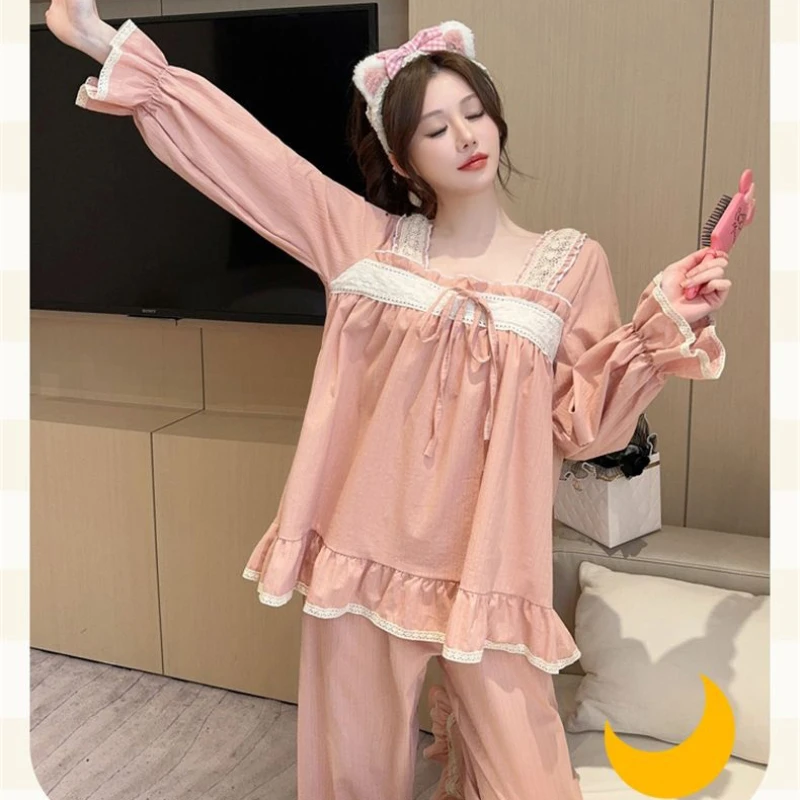 الربيع والخريف Y2K فتاة حلوة وحارة القطن طقم بيجامة بأكمام طويلة نمط الأميرة لطيف يمكن ارتداؤها كملابس خارجية ايمو