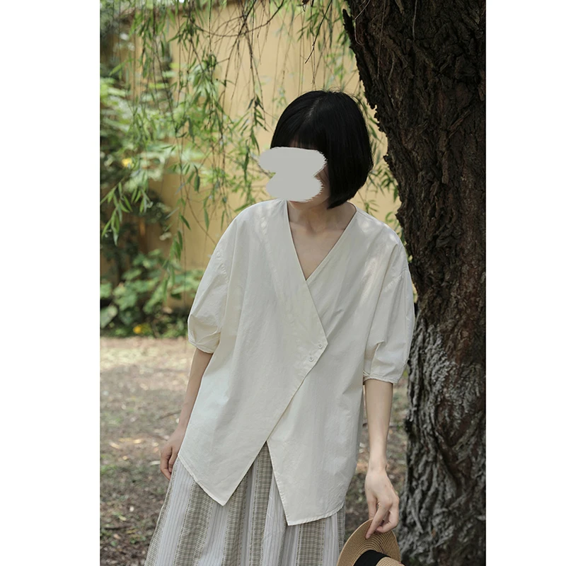 

Arts Style New Arrival Summer Women Loose Casual V-neck Blouse Good Quality 100% Cotton Asymmetrical Lantern Sleeve Shirts T225