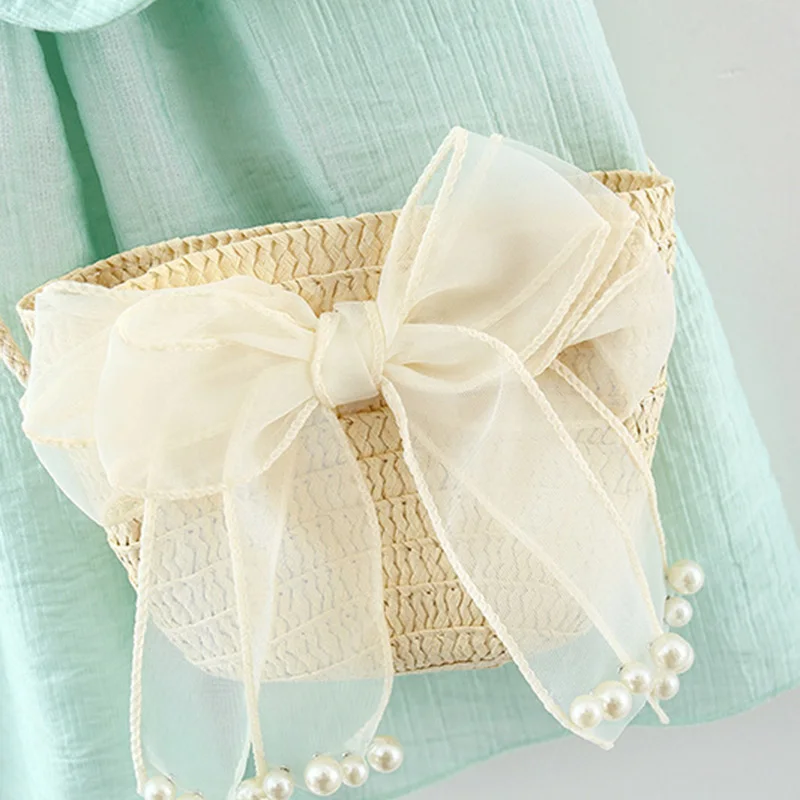 Summer New Baby Girls Dress + Crossbody Bag Bow Halter Small Flying Sleeve Lace This Solid Color Sweet Princess Dress