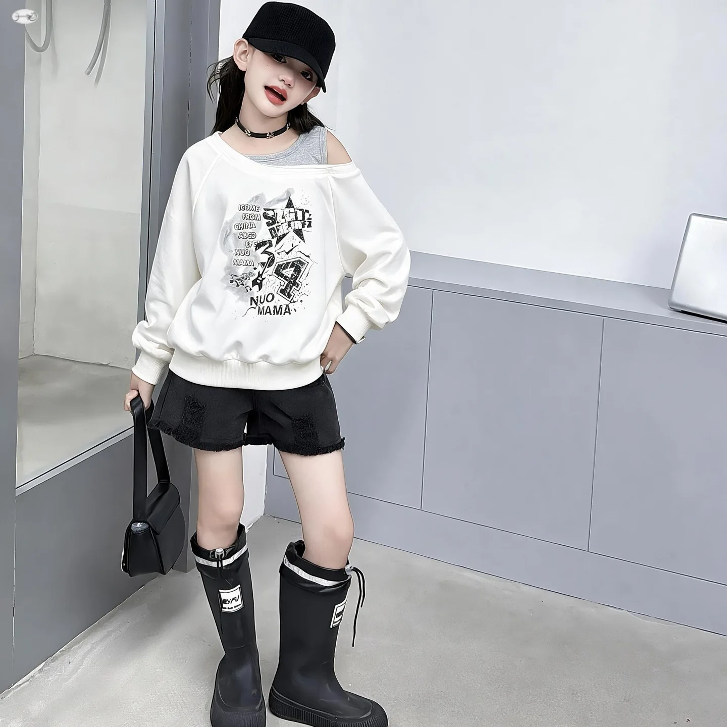 Girls Off-Shoulder Sweatshirt Teenager Kid Fake-Two-Piece T-shirt 4-12 Years Autumn Winter Baby Letter Top