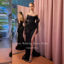 Qanz Black Evening Dresses Woman Elegant Lace High Slit Birthday Dresses Luxury 2024 Mermaid Corset Back Prom Dress Customized