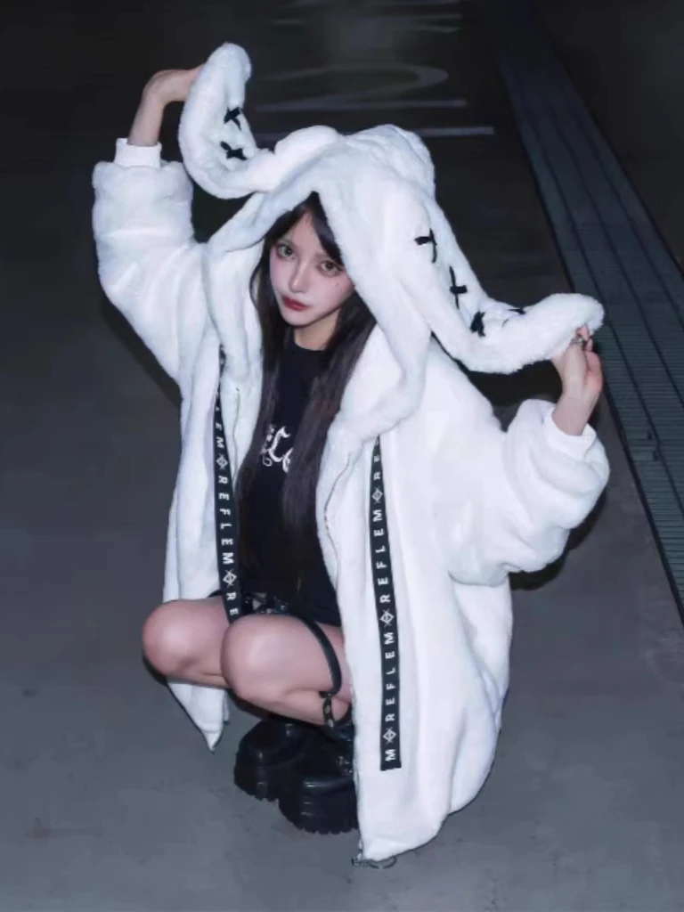 Mantel bulu bertudung Jepang, Harajuku telinga kelinci berbulu hangat jaket ritsleting longgar Y2k Punk mode jalanan kardigan