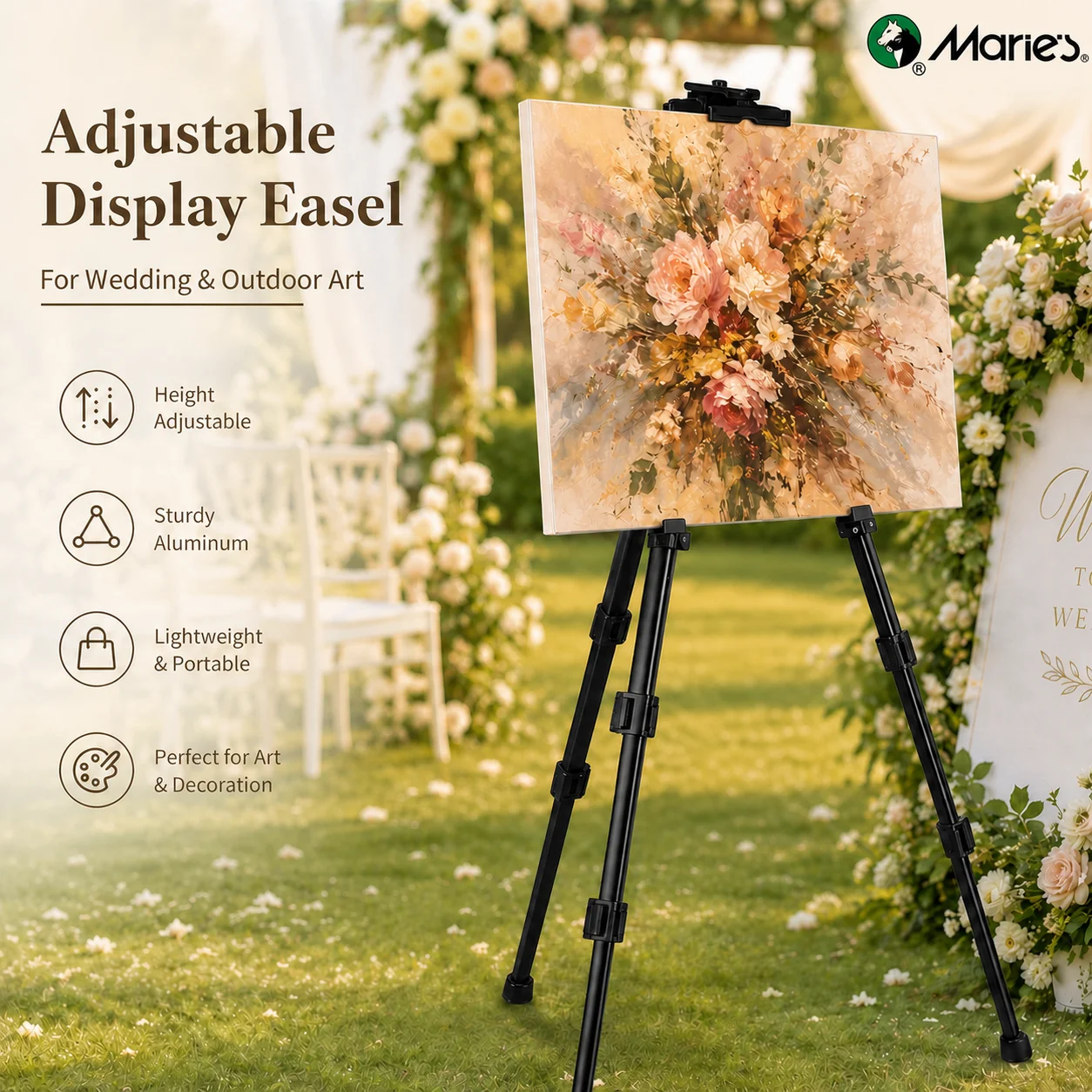 Maries Adjustable Height Tripod Easel with Carrying Bag for Outdoor Painting,Studio,Classroom,Gallery,Advertising Display