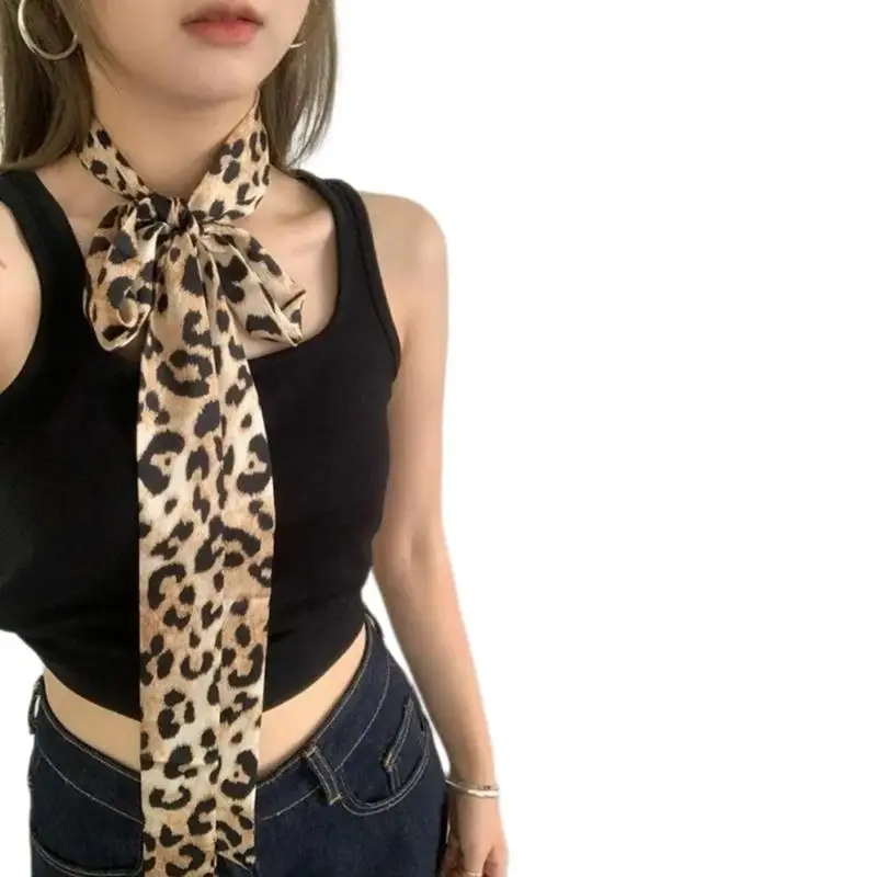 652F Fashionable Long Narrow Scarf with Leopard Print for Use as Necktie Hair Accessory or Waistband Belt Skinny Neckerchief