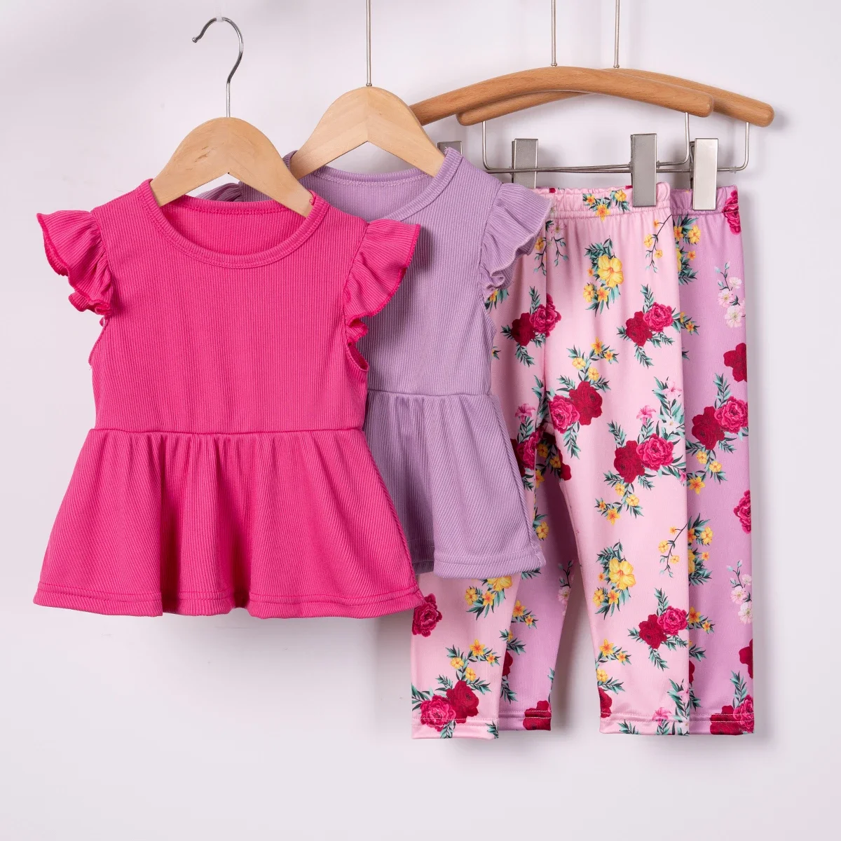 New Girls\' Set Summer Flying Sleeve Top Rose Print Casual Pants Two Piece Sweet Fashion Set Kids Clothes Girls Wholesale