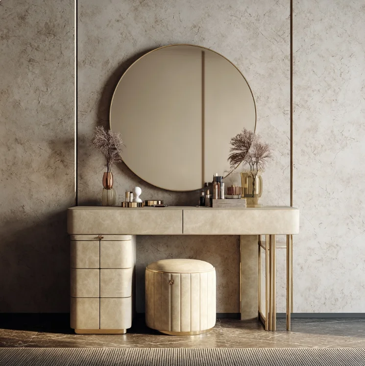 #Luxury Modern Solid Wood Dresser Vanity Table Lighted Mirror Environmental Friendly Chair Bedroom Hotel