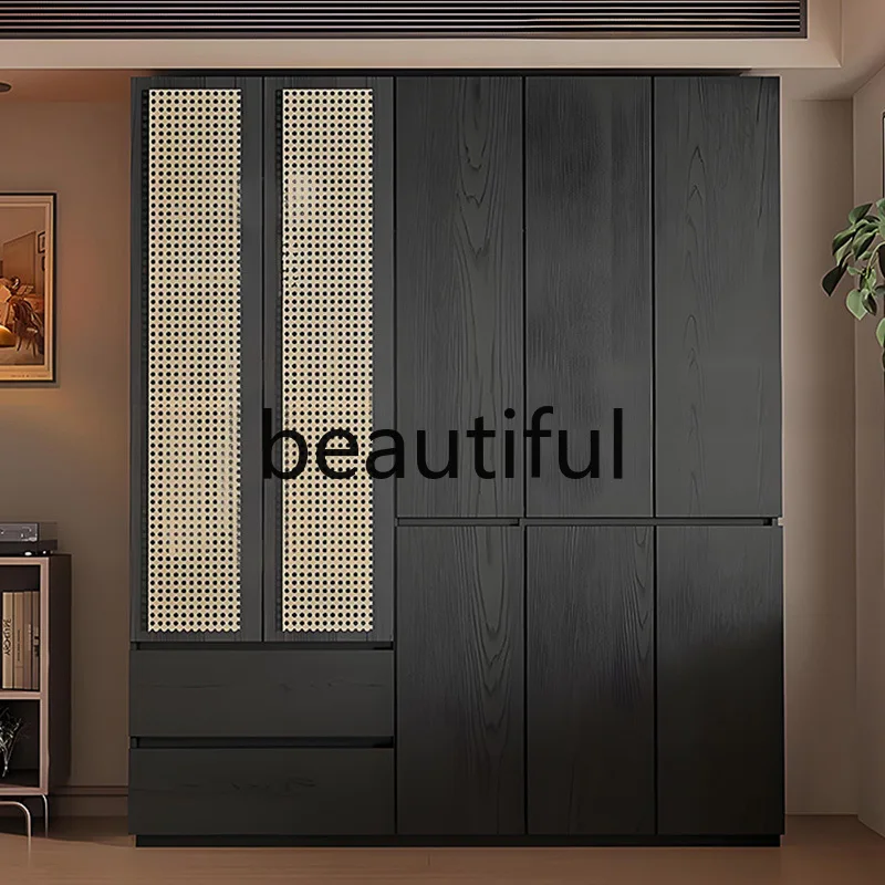 household black rattan wardrobe multi-functional swing door solid wood European pine board medium and antique segmented wardrobe
