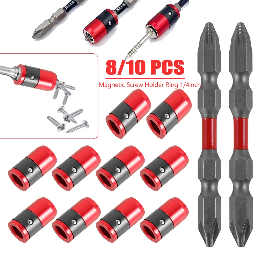 10/8 szt. Pierścień magnetyczny wkrętak Bit 1/4 cala magnetyczny pierścień uchwytu na śrubę, mocny antypoślizgowy pierścień magnetyczny Bit do