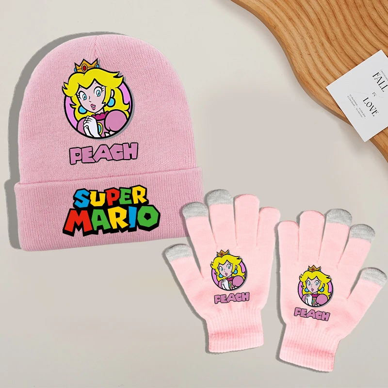 Super Mario Bro Handschuhe Strickmütze Anzug für Jungen Mädchen Anime Cartoon Niedliche Strickmützen Fäustlinge Set Kinder Winter Warme Accessoires