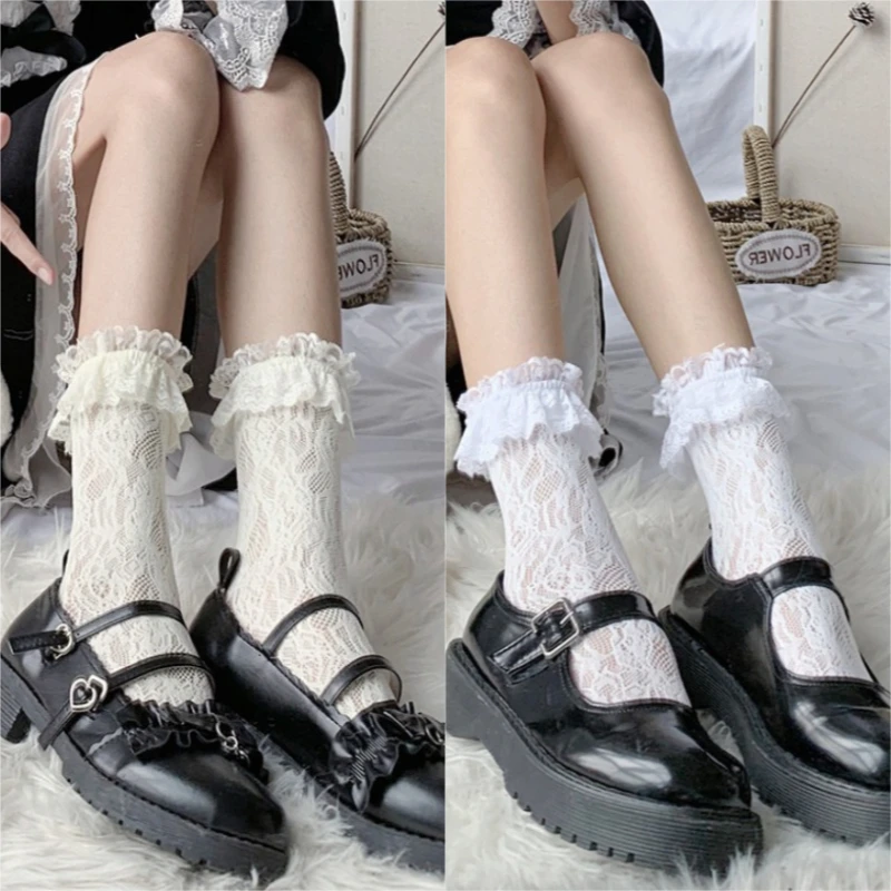 Frauen Japanischen Stil Lolita Nette Spitze Trim Beige Mid-Kalb Socken Sommer Dünne Sexy Slim-fit Hohl Mesh süße Prinzessin Crew Socken