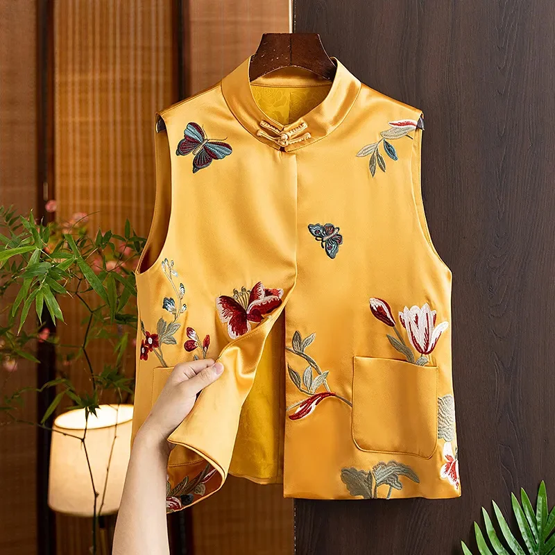 Black Vintage Vest for Women Stand Neck Sleeveless Floral Tanks Chinese Style Tunic Casual Waistcoat Tops Chalecos Para Mujer