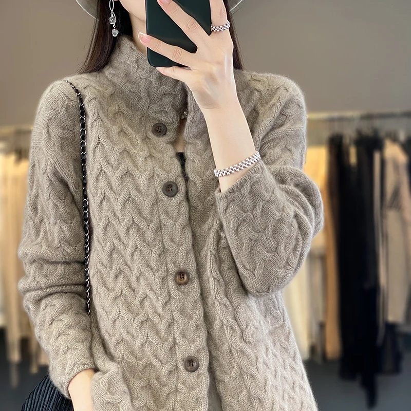 Women Autumn Winter New Cashmere Wool Sweater Half-high Collar Twisted Knitted Cardigan Casual Knit Thick Jacket Loose Tops