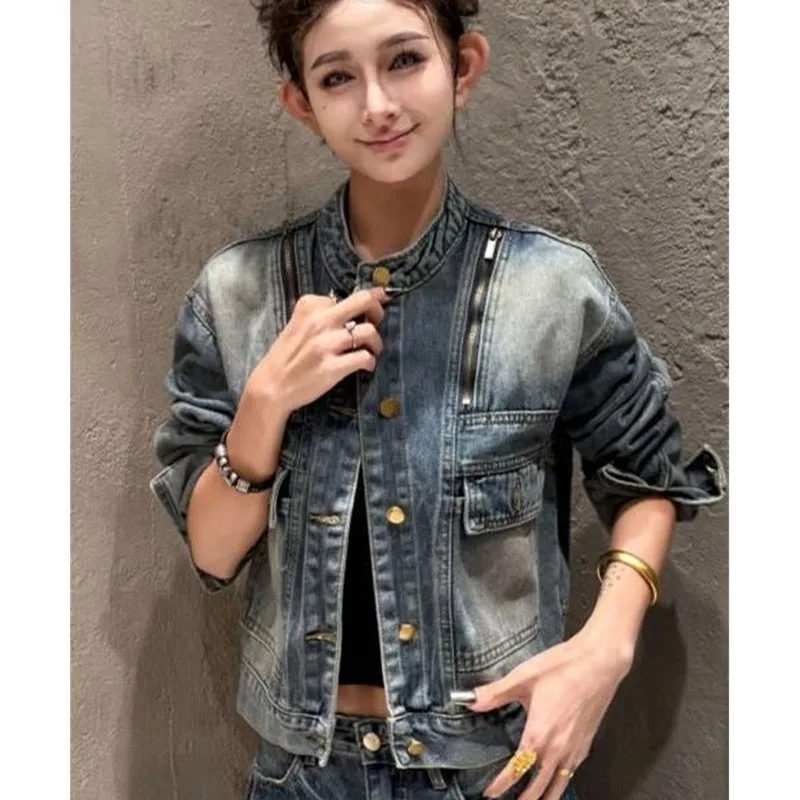 

SpringAutumn Korean Retro Short Stitching Denim Jacket Women 2026 New Casual All-Match Loose Ladies Cowboy Jacket Female Outwear