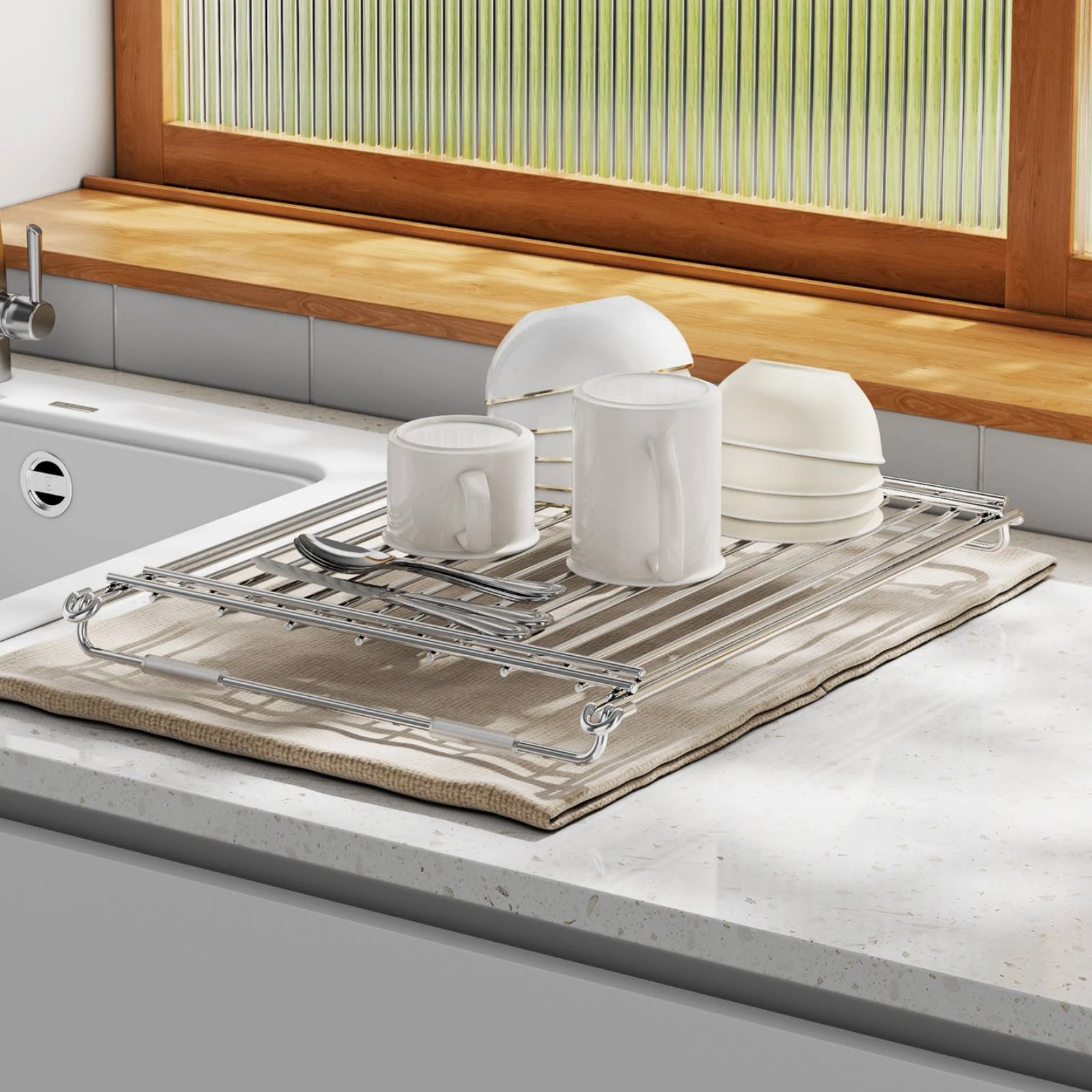 Over-the-Sink Dish Drying Rack Stainless Steel over-Sink Drying Rack Drainer Draining Space-Saving for Compact Kitchens, Rv