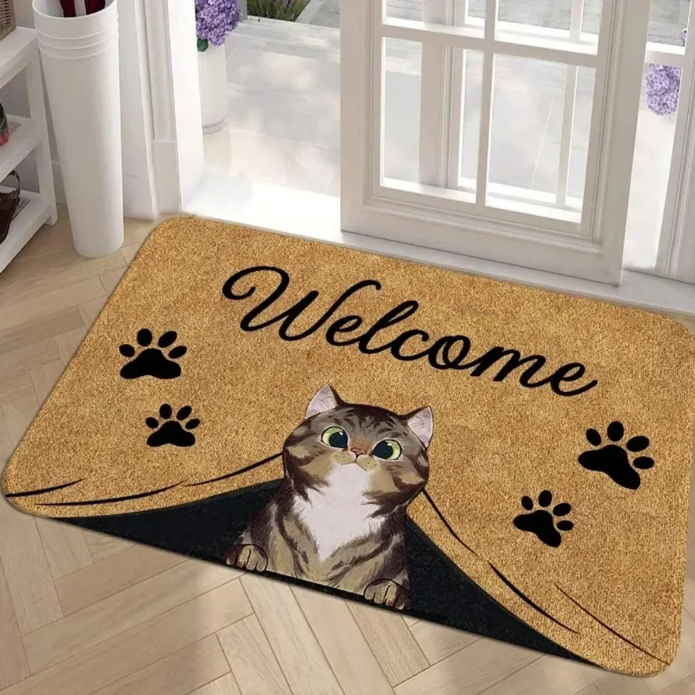 1Pc Cat & Letter Graphic Anti-slip Door Mat Non-slip Floor Rug Bath Mats Washable Carpet For Home Hallway Living Room Kitchen