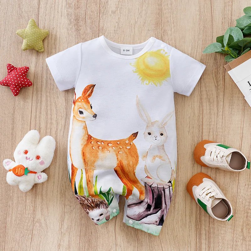 

Summer newborn cute deer hair short sleeved jumpsuit, comfortable and breathable