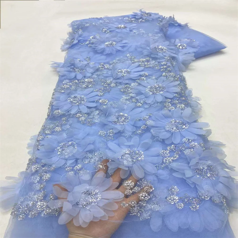 Vestido de novia nigeriano de alta calidad, tela de encaje francés, cuentas de lentejuelas, flor 3D, fiesta de boda, África, gran oferta, 5 yardas, nuevo, 2024