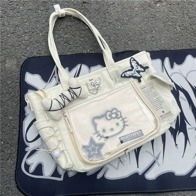 Mbti Y 2K Hello Kitty Womens Draagtas Canvas Grote Capaciteit Roze Patchwork Schoudertas Casual Ketting Sweet Fashion Dames Handtas