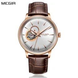 MEGIR Automatic Men's Watch Mechanical Movement Leather Strap Luxury Business Watches 5ATM Waterproof Big Dial Wristwatch 62057