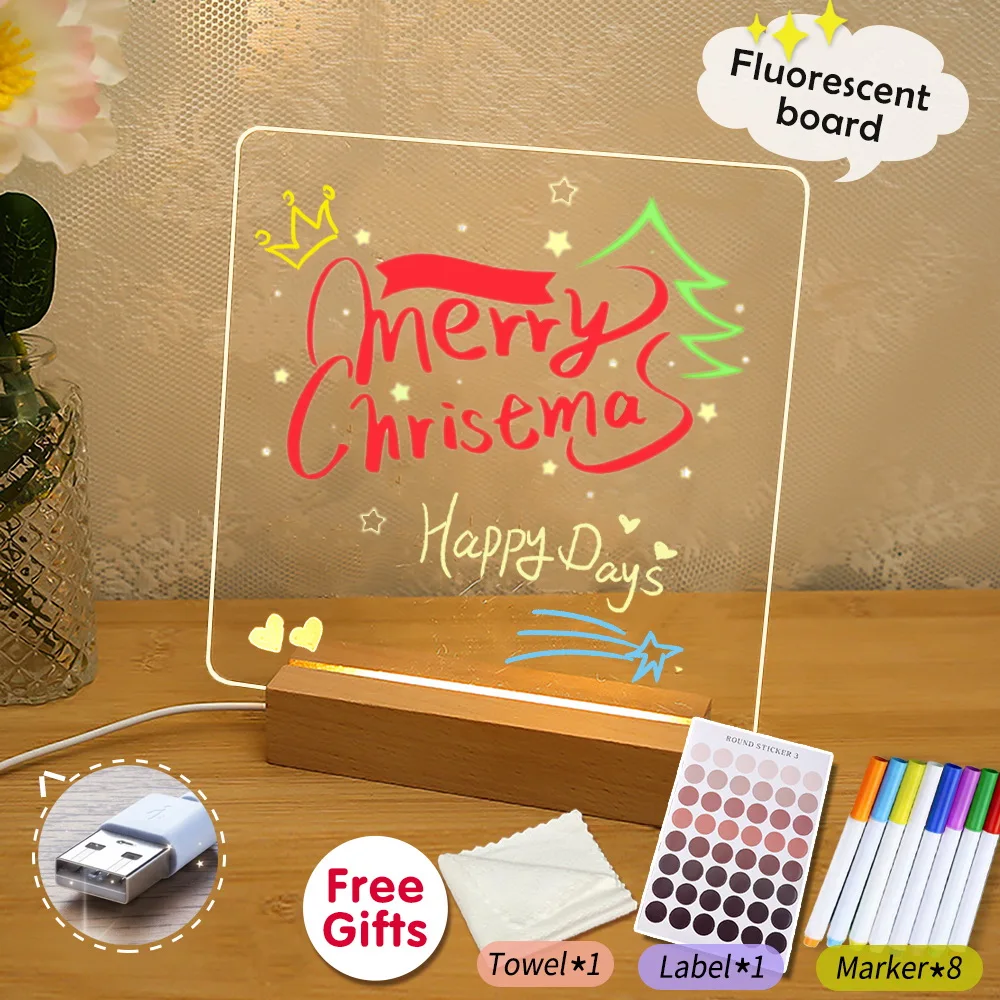 New Arrival Acrylic Memo Message Fluorescen Board Creative Daily Reminder Planner Board With Beech Wood Stand Holder LED Lamp