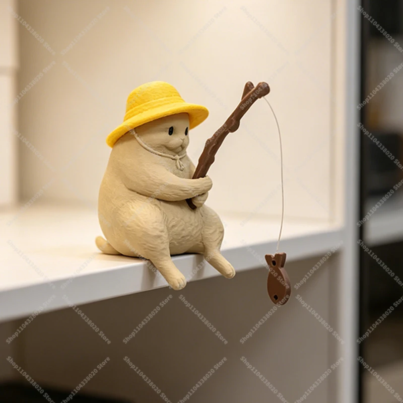 Mini Fishing Cat Figurine with Yellow Hat - Cute Kitten Holding Fish Rod Sitter Statue, Micro Landscape Shelf Desk