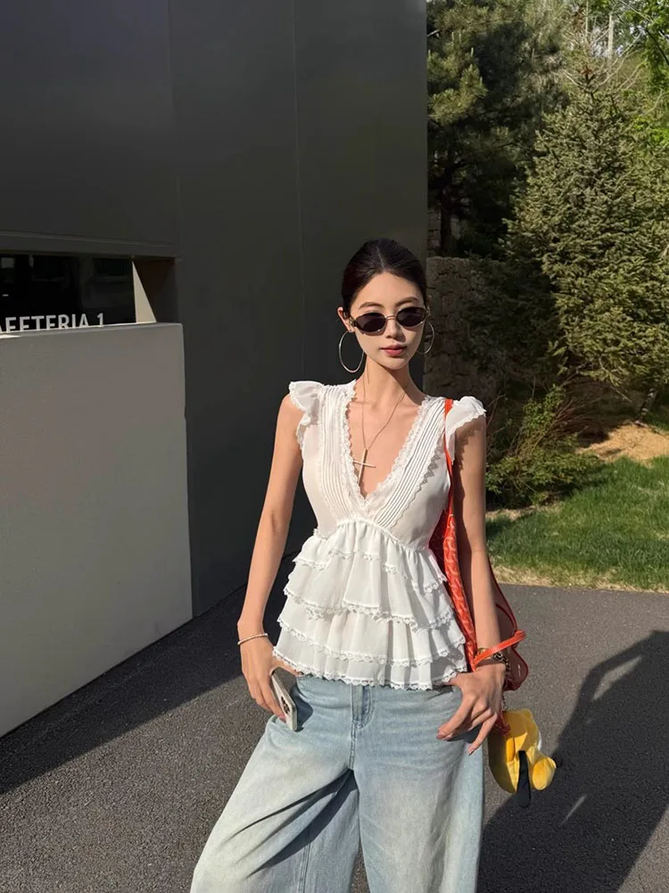 

Облегающий шифоновый топ с v-образным вырезом, белый шифоновый топ, женский летний топ 2025, новинка 202, модный корейский топ с цветочным принтом