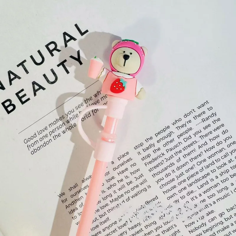 لطيف الوردي الدب سيليكون غطاء تغليف من القش مناسبة ل Starbucks 7-8 مللي متر القش مقاومة للحرارة الغبار القش التوصيل كأس الملحقات #5