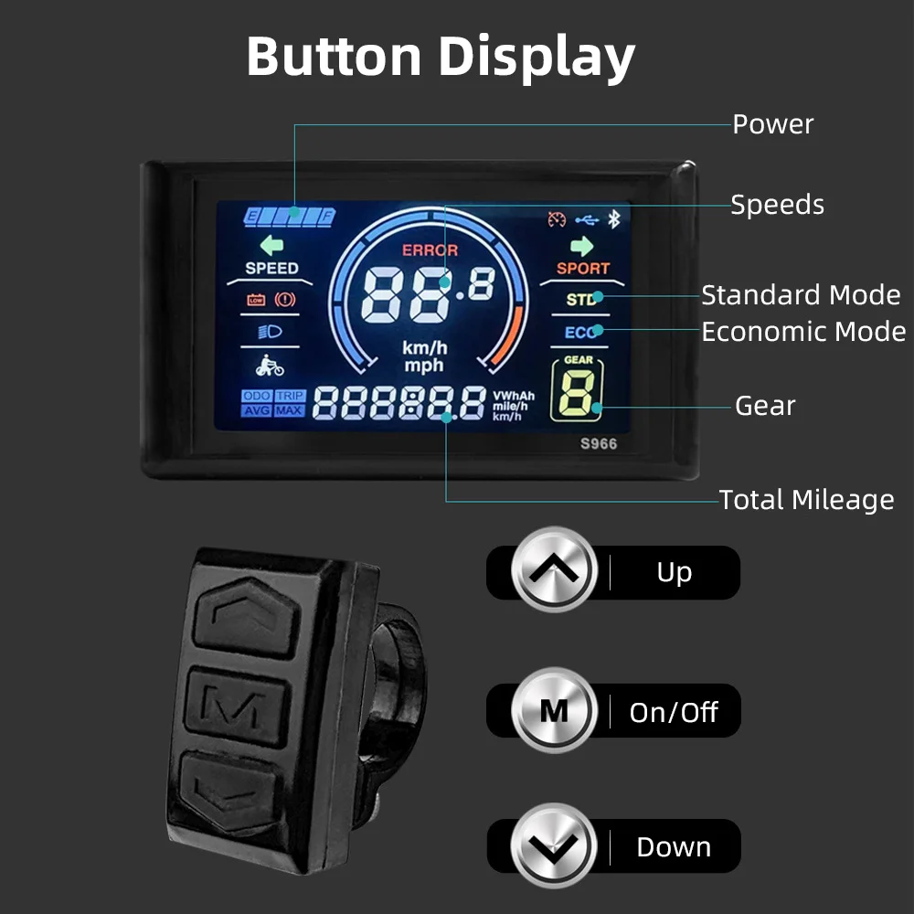 LCD-S966 Ebike LCD Display, 24-72V Smart Color Screen, Waterproof, No. 2 Protocol Controller, Mountain Bike Control Panel