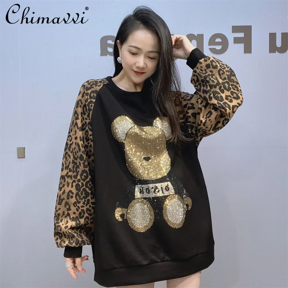 

Leopard Print Design Hot Diamond Sweatshirt Autumn and Winter 2024 New Fashion Heavy Round Neck Loose Large Size Hoodies Tops