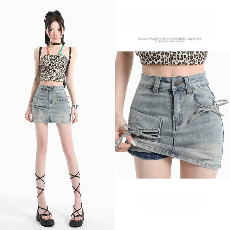 

Женская эластичная джинсовая мини-юбка 2026: Новая облегающая джинсовая юбка с завязками спереди, высокой талией, повседневная короткая юбка для летнего образа