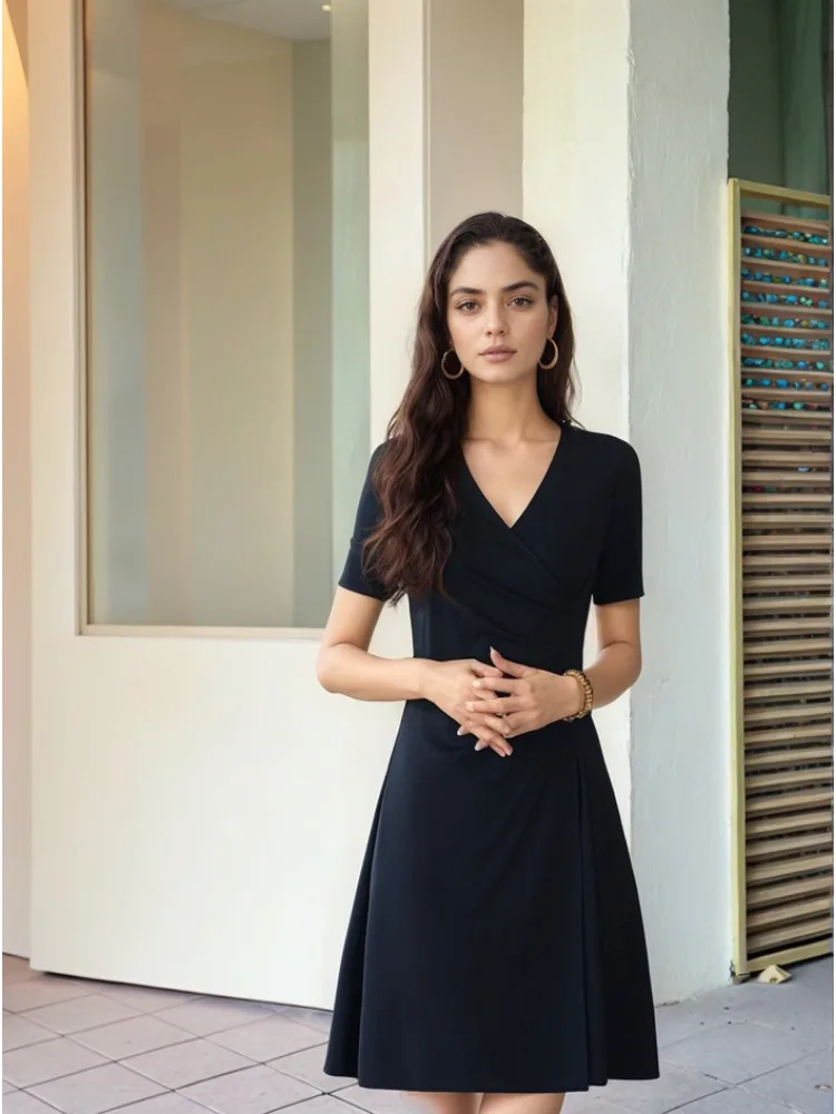 Krótka sukienka damska Prosty styl Dekolt w kształcie litery V Krótki rękaw Szczupła Formalna biurowa Lady Praca Impreza 2025 Lato