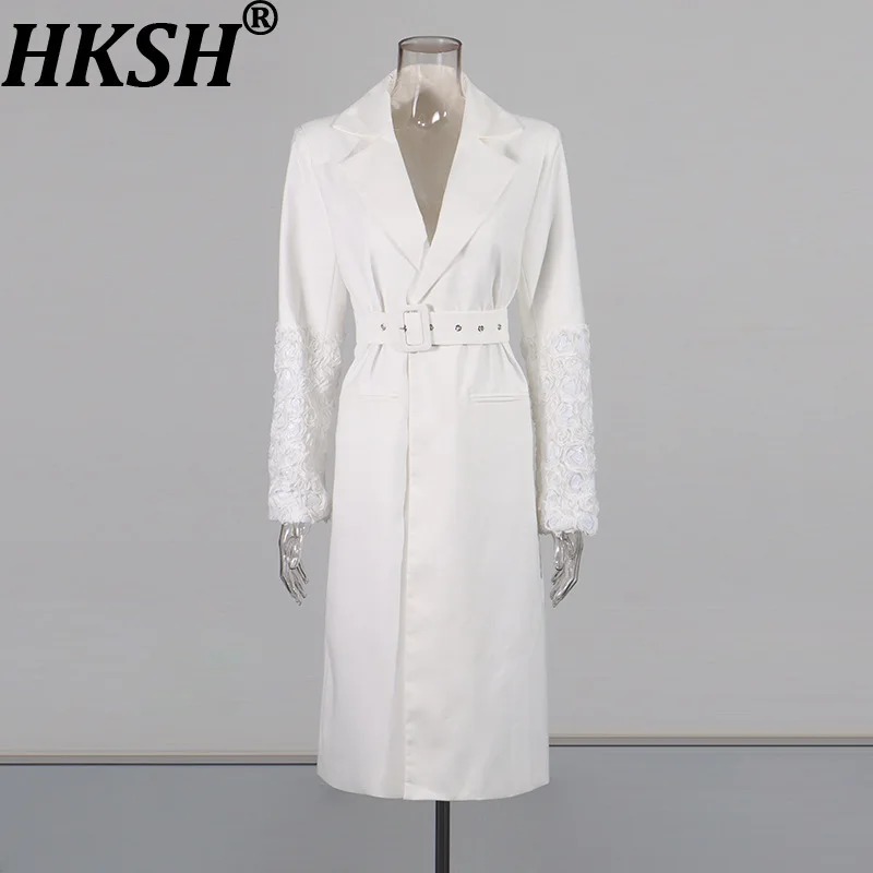 

HKSH Autumn New Women Long Trench Coat Patchwork Sleeve Flower Sequin Turn-down Collar Waistband Temperament Windbreaker HK11558