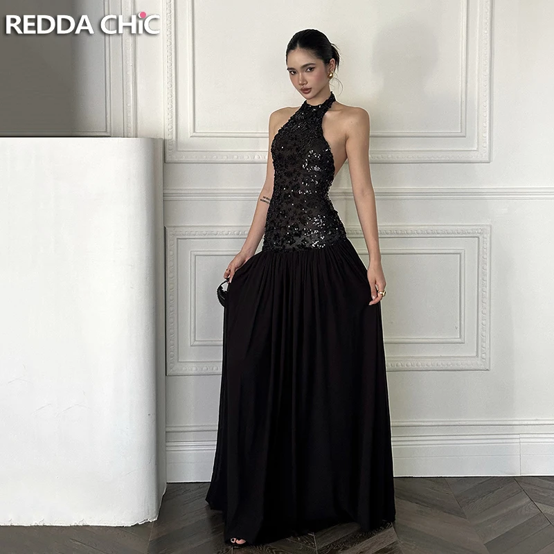 REDDACHiC 여성용 블랙 글리터 파티 드레스 홀터 백리스 오프 숄더 스티치 맥시 롱 드레스 이브닝 럭셔리 생일 의류